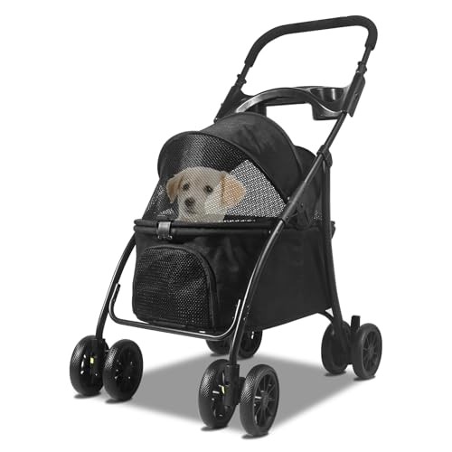 Foldable Pet Stroller, Dog Stroller for Medium Dog 20+ lbs, 4 Wheels Cats Black
