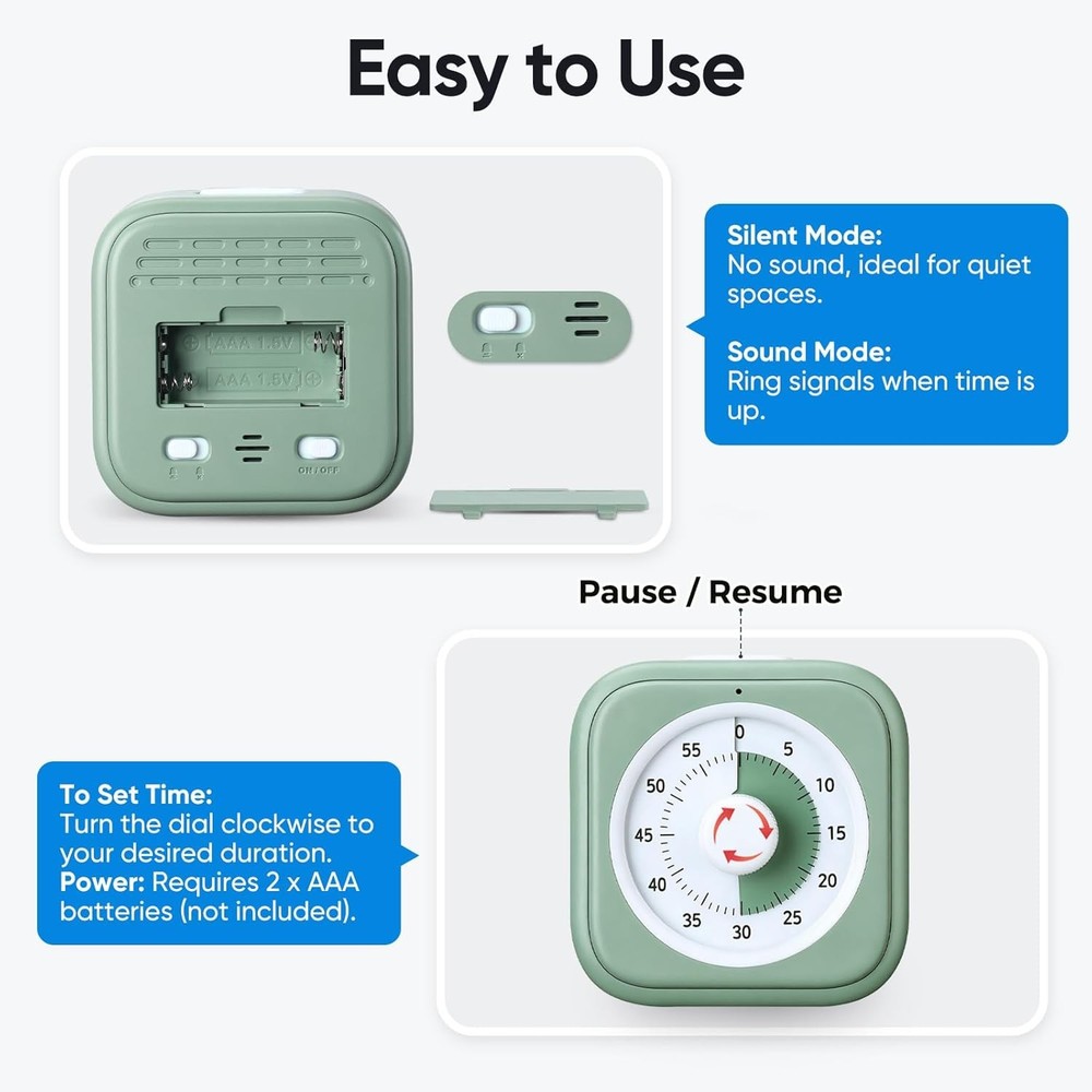 60 Minute Visual Timer for Kids, Silent Countdown Clock, Time Management Tool fo