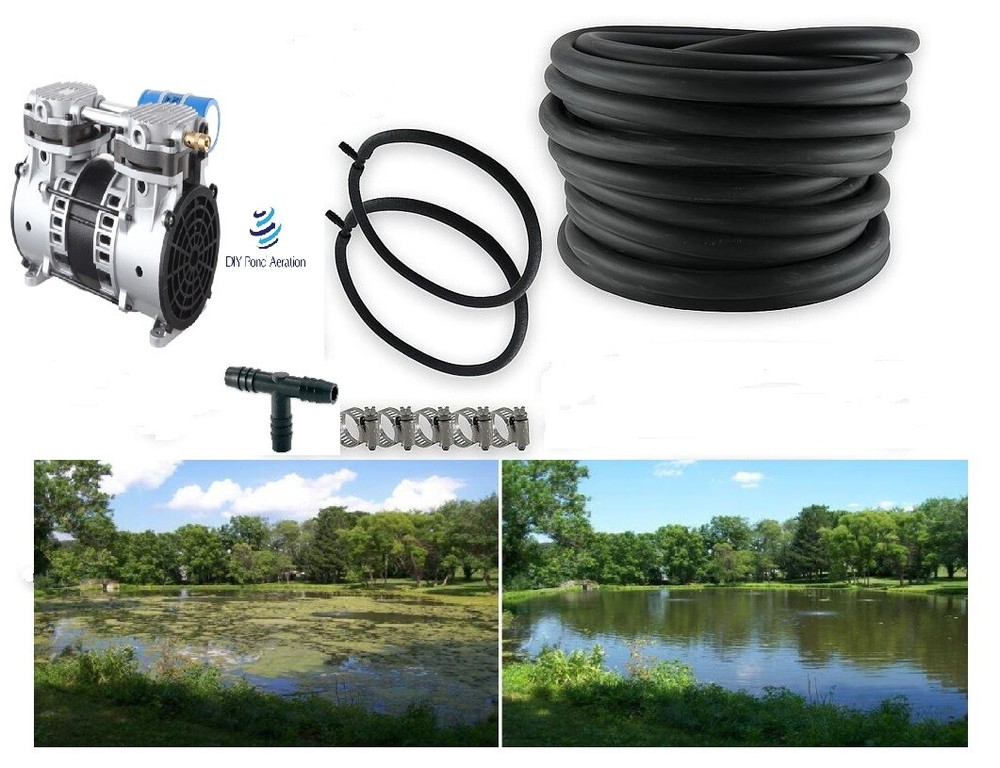 Lake Fish Pond Aerator System w/200' WTD Hose 2 - 48" RING Diffusers 3.9cfm PUMP