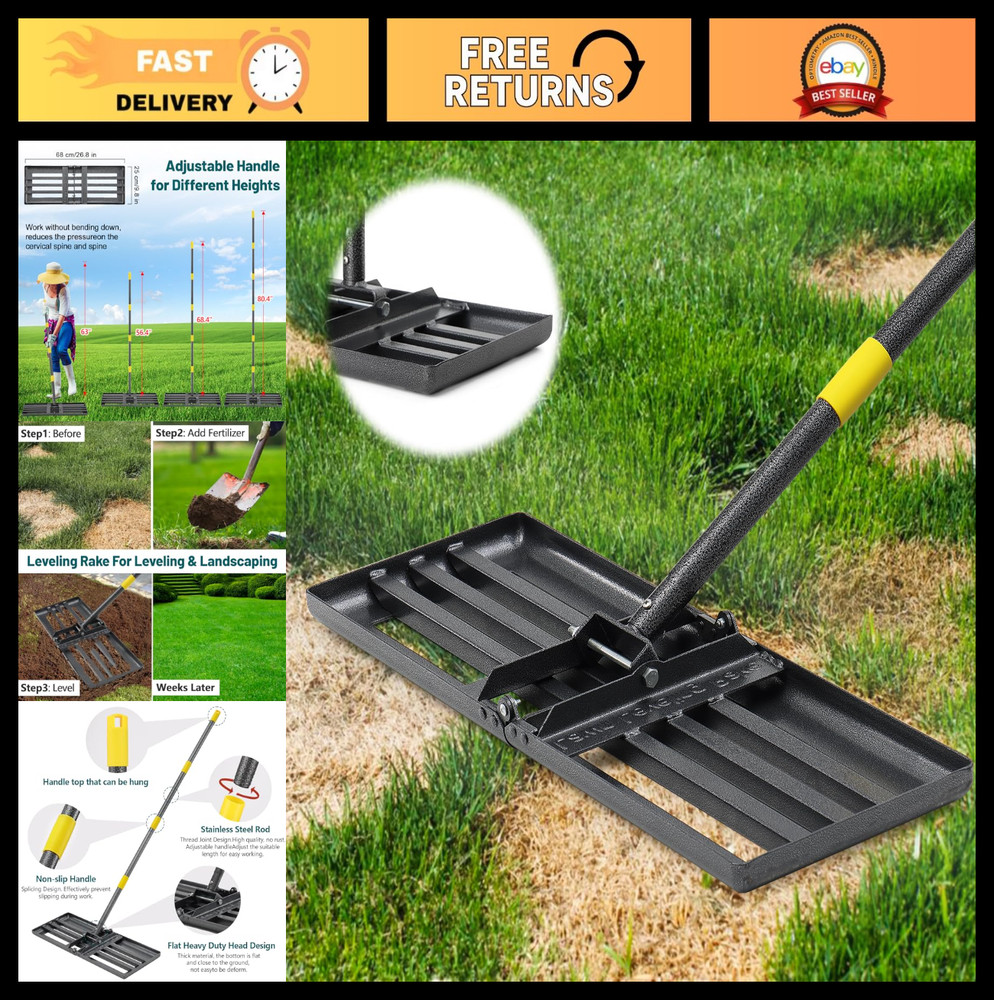 Lawn Leveling Rake & Peat Moss Spreader, 26"x25", 6FT Adjustable Handle Tool