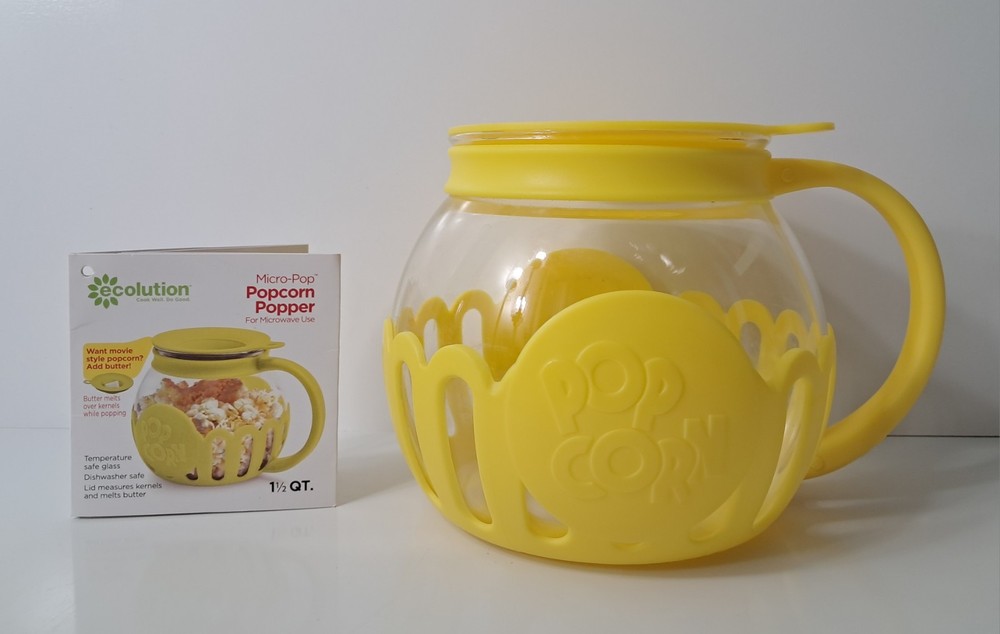 Ecolution Micro-Pop Microwave Glass Popcorn Popper Yellow Eco-friendly 1.5 Qt