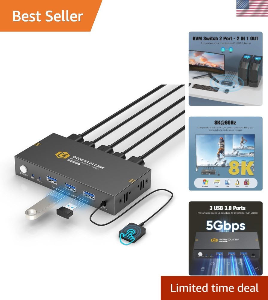 Seamless 8K@60Hz KVM Switch for 2 PCs: Button & Remote Control - Compact Design