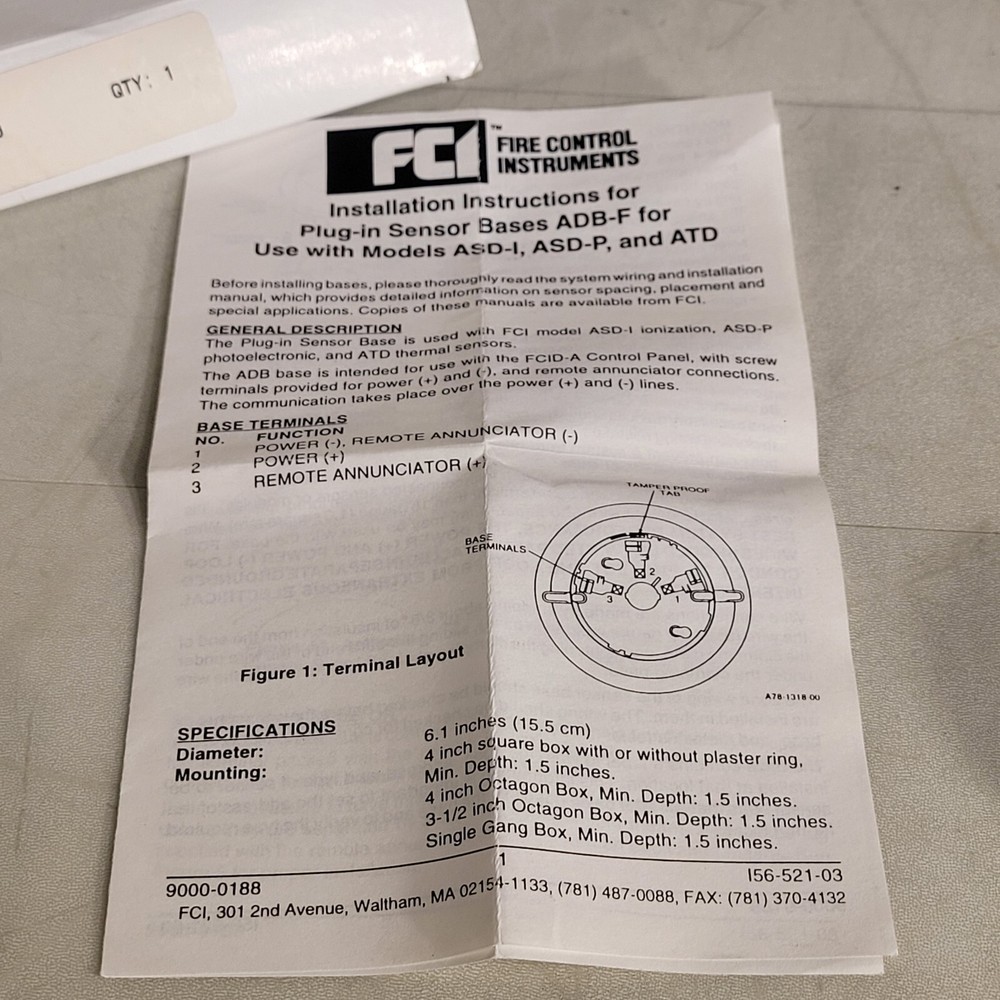 FCI ADB-F Automatic Fire Detector Base For Open Area 110-31B60 Fire Control Inst