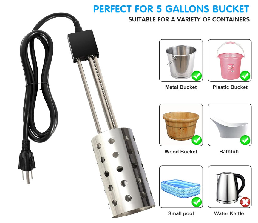 Quick-Heating 1000W Submersible Bucket Heater with Thermostat - Durable Design