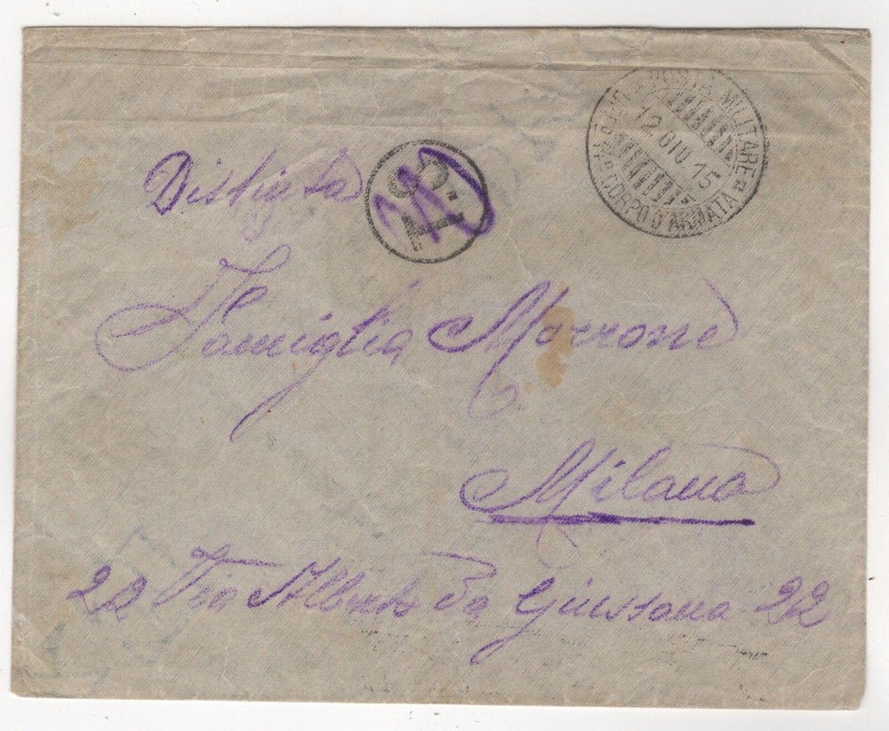 1915 October 12th. Censor Cover. 2° Piemonte Cavalleria to Milano.