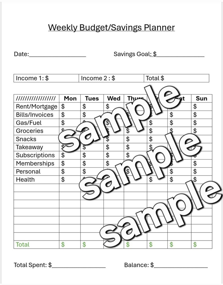 Weekly Budget Savings Planner Digital Print