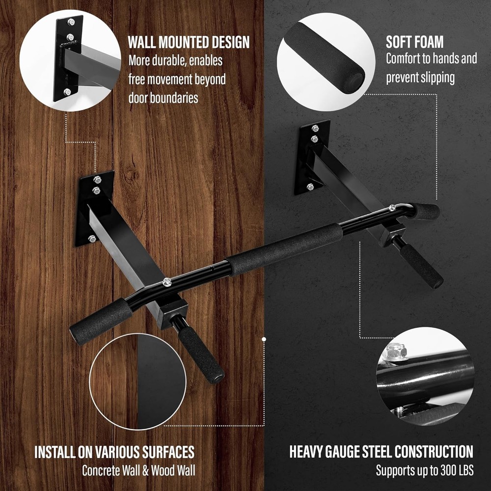 Yes4All Pull Up Bar Wall Mounted - Multifunctional Large, A. Standard - Black