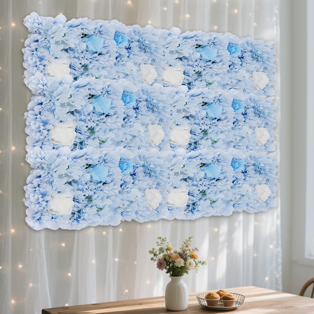 12PCS Artificial Flower Wall Panels, Blue & White Floral Backdrop Décor