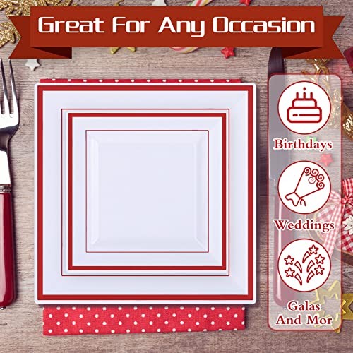 50 Pcs Square Plastic Plates White Disposable Dinnerware Set 25 Guests 9.5 Red