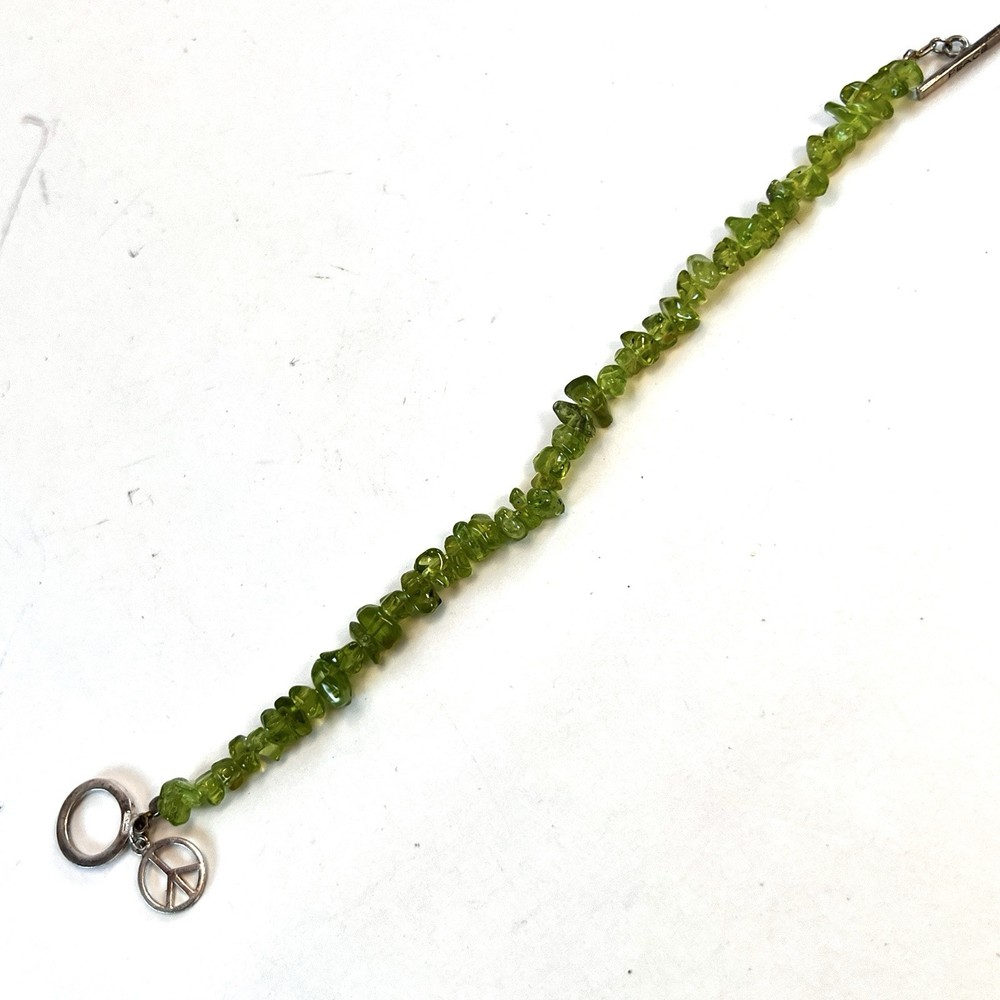 Peace Bracelet Peridot Chips Sterling Silver Peace Charm Toggle Clasp Stretch