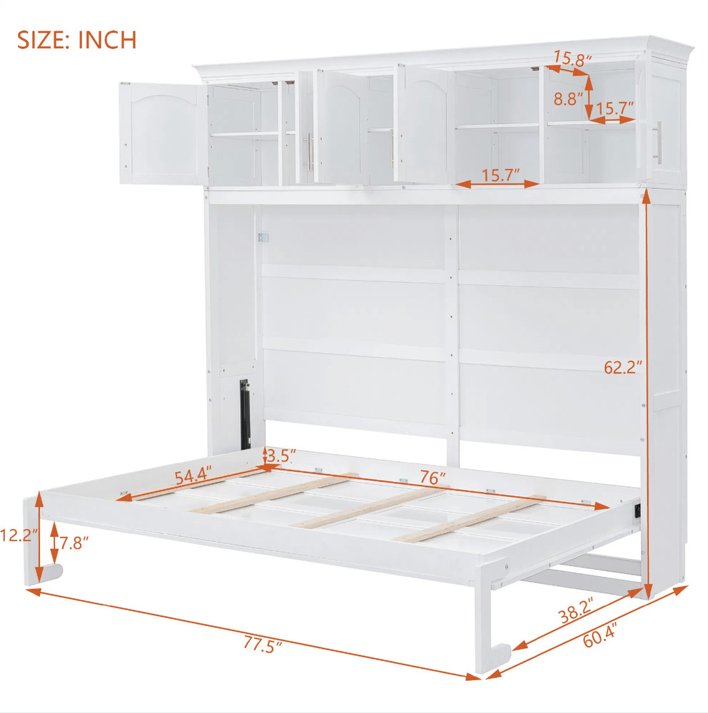 Modern Bed Frame Full Size Murphy Bed Wall Bed with Top Cabinets Bedroom White