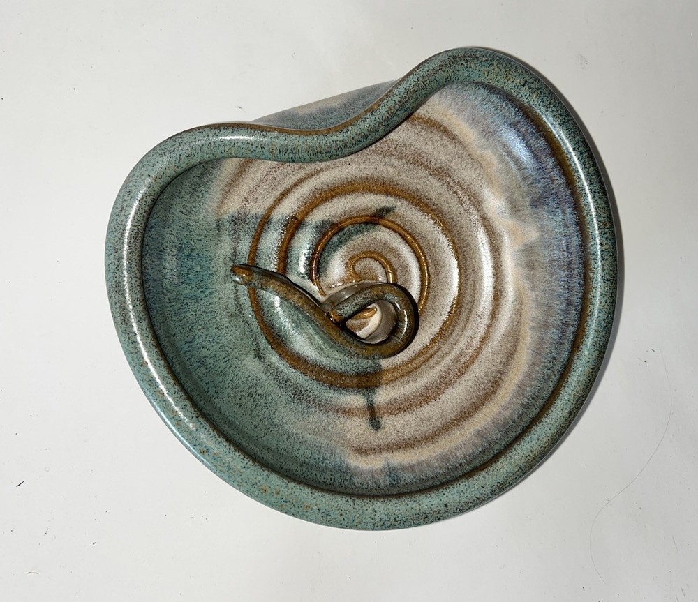 Hand Made Studio Art Pottery Incense Burner Dish Gray Signed 6.5” Diameter