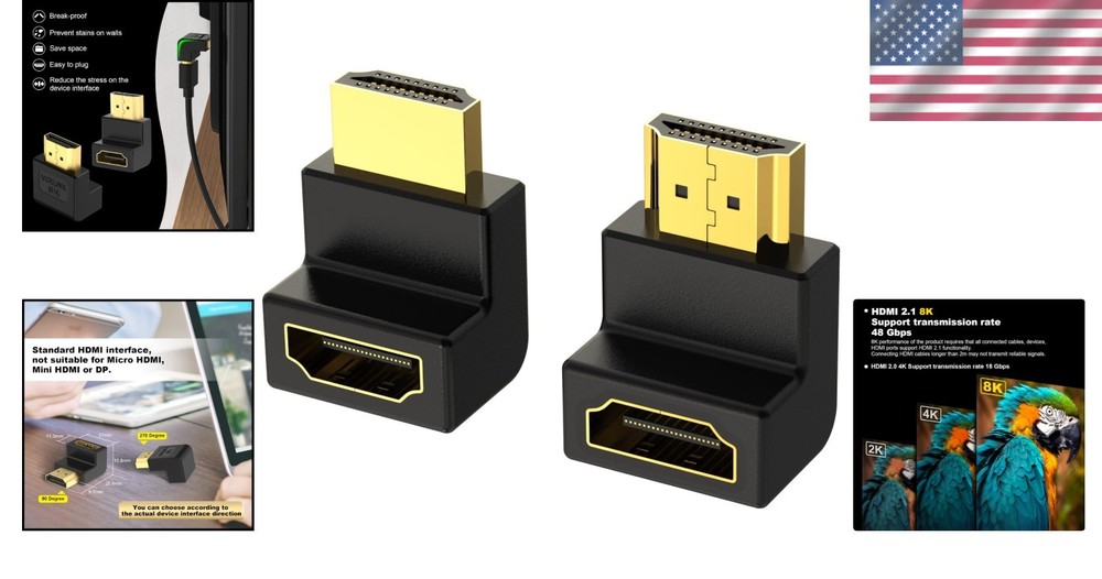 8K HDMI Male to Female Cable Adapters - Space-Saving Angles, 2-Pack