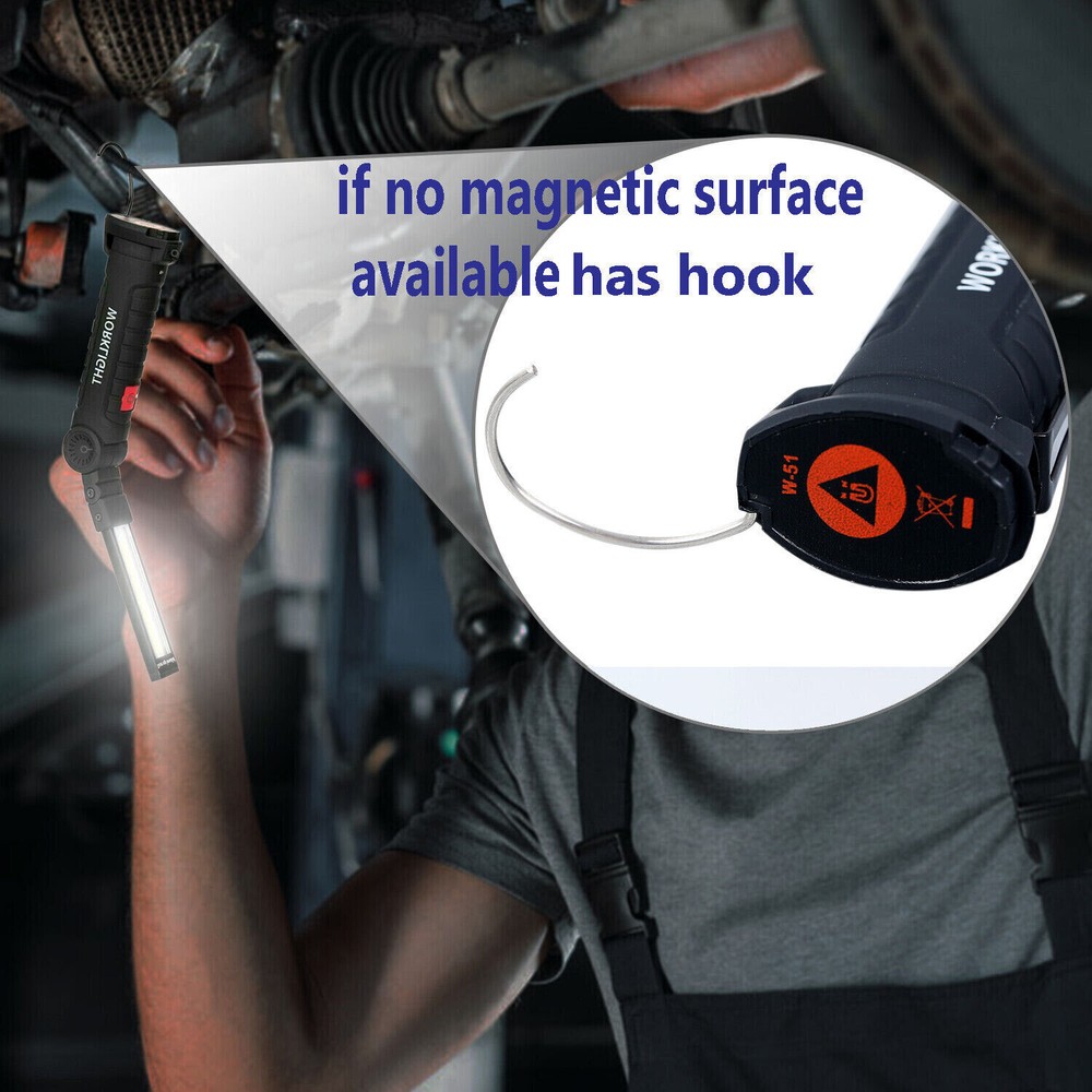 2PCS Work Light LED COB Mechanic Flashlight Lamp Rechargeable Magnetic Base Hook