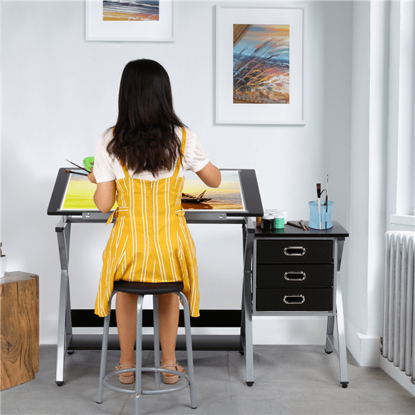Adjustable Steel Drafting Table Three Storage Drawers Shelf and Stool