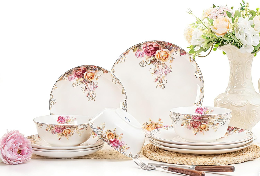 Dinnerware Sets, Plates Set, with Bowls, Artistic 12-Piece Ceramic Dinnerware, f