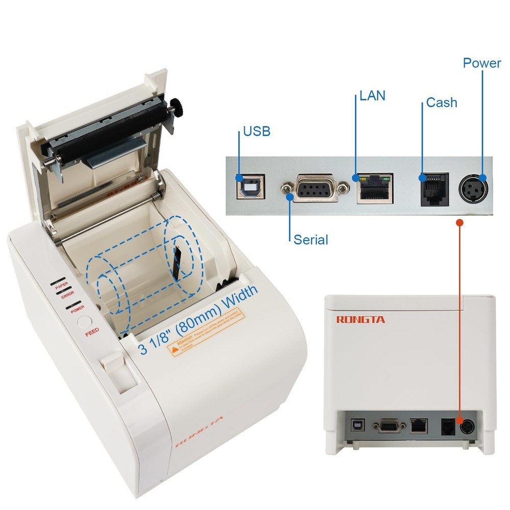 Rongta Thermal Receipt Printer, 80mm Printers, MEDIUM, White