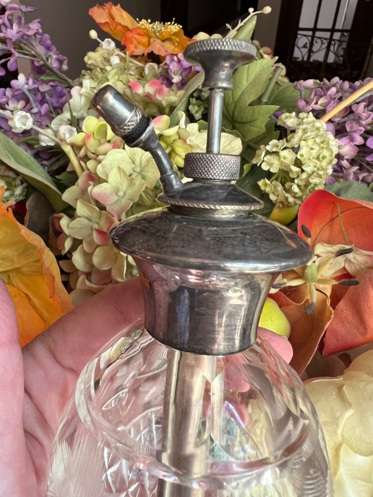 ANTIQUE STERLING SILVER CUT GLASS PERFUME BOTTLE ATOMIZER