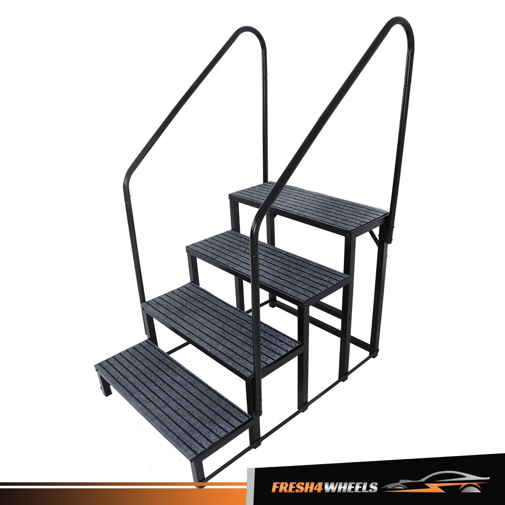 660 lbs Load Capacity RV Steps Outdoor 4 Steps with 2 Handrails w/ Step Mat