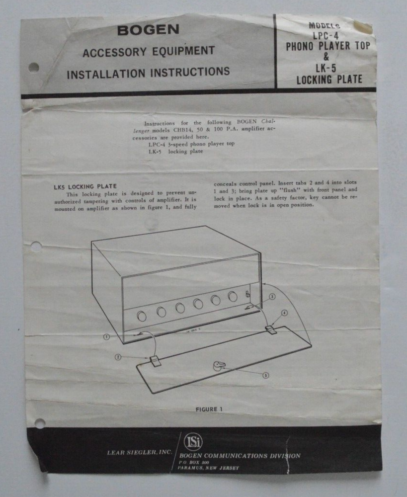 BOGEN Accessory Equipment Installation Instructions LPC-4 1950s