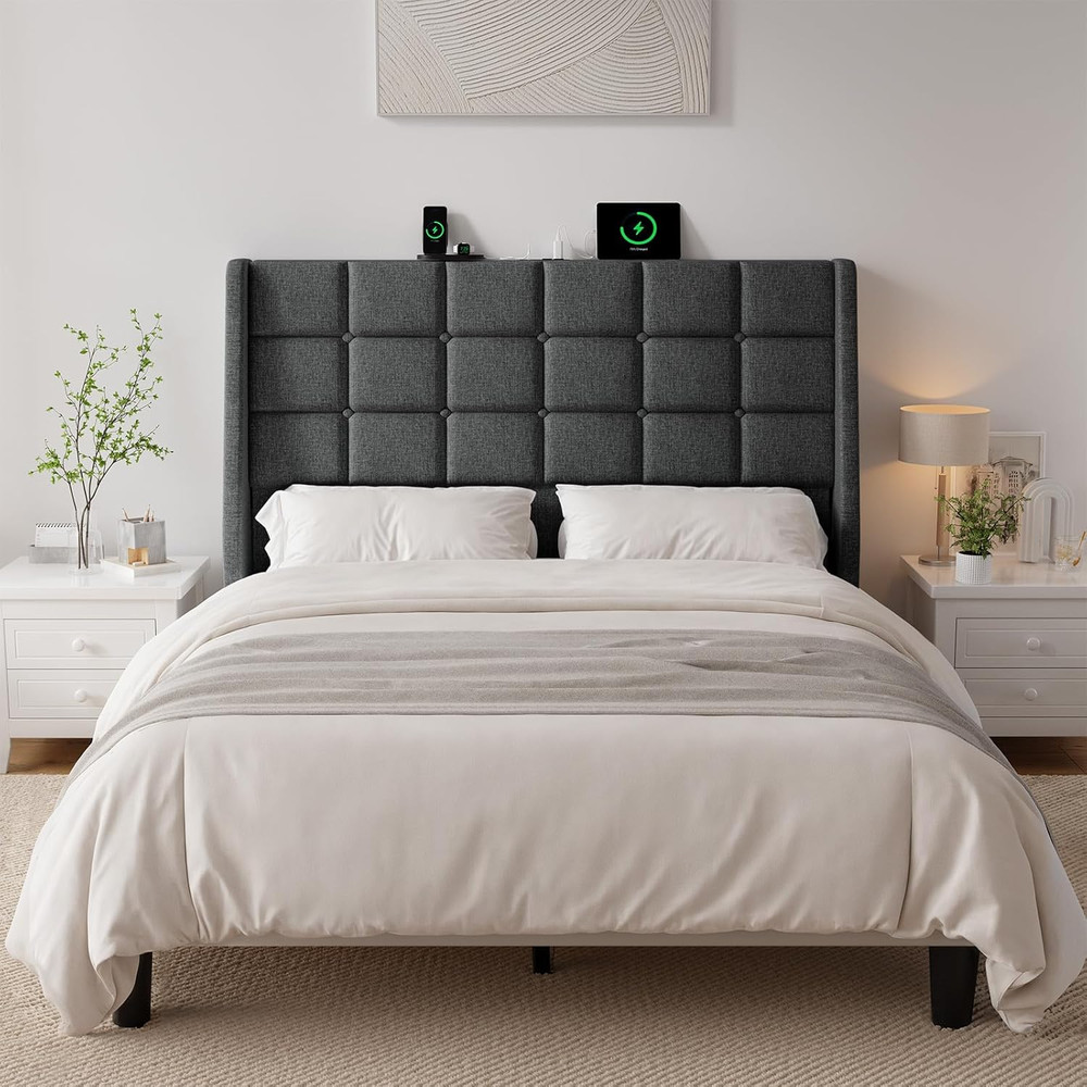 Ergonomic Upholstered Headboard Full Size W/Charging Station, Linen Wingback Hea