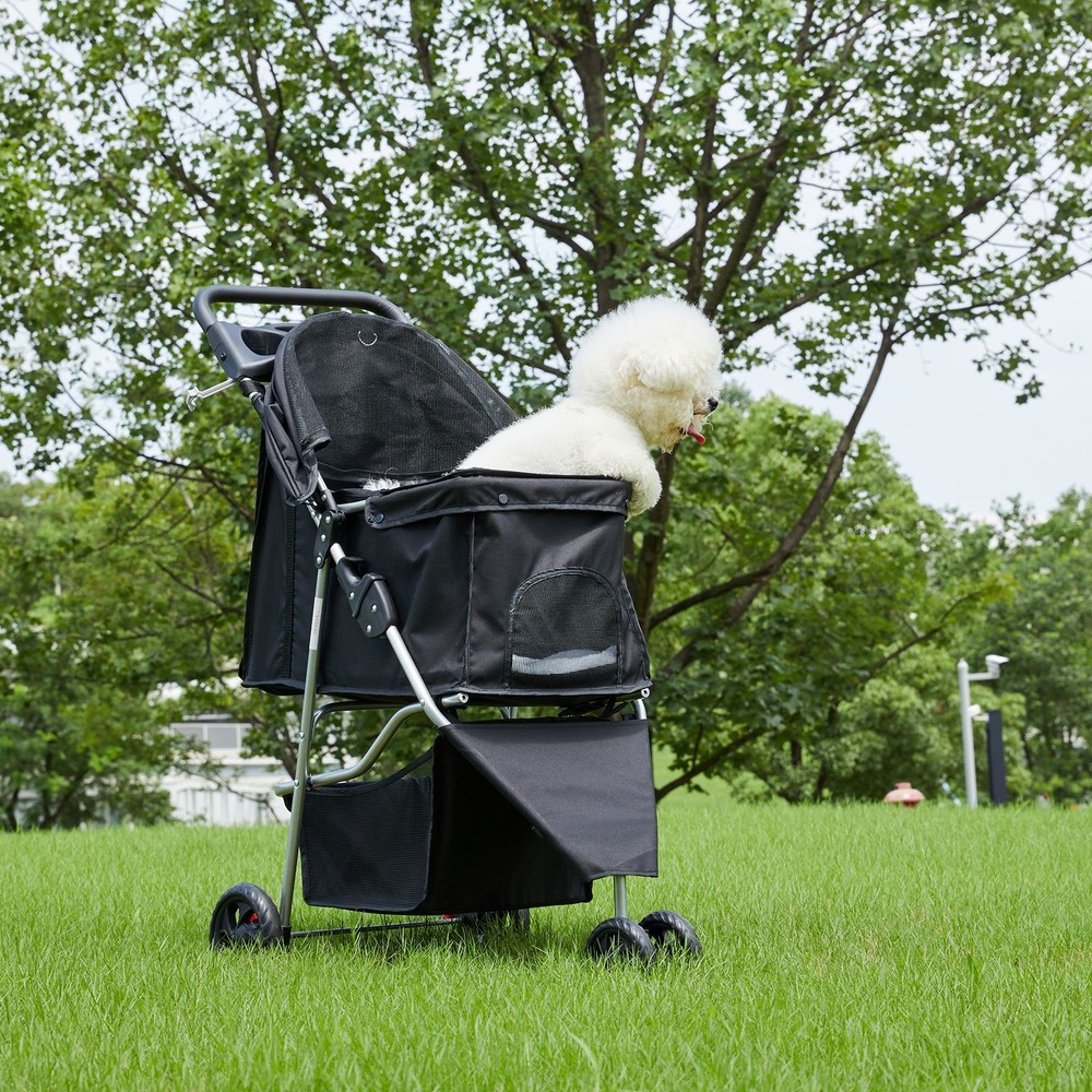 Pet Stroller Foldable 3-Wheel Storage Basket Cup Holder Small to Medium Cat Dog