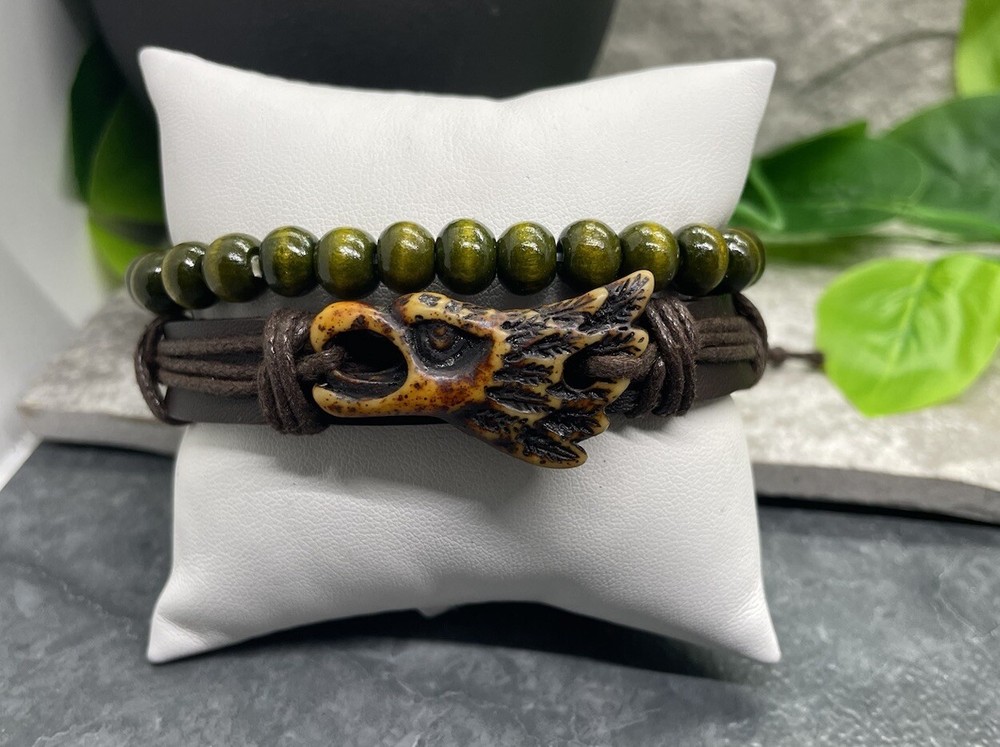 2 PC Leather Bracelet Wood Bead Stackable Adjustable Tie Free Ship B2899