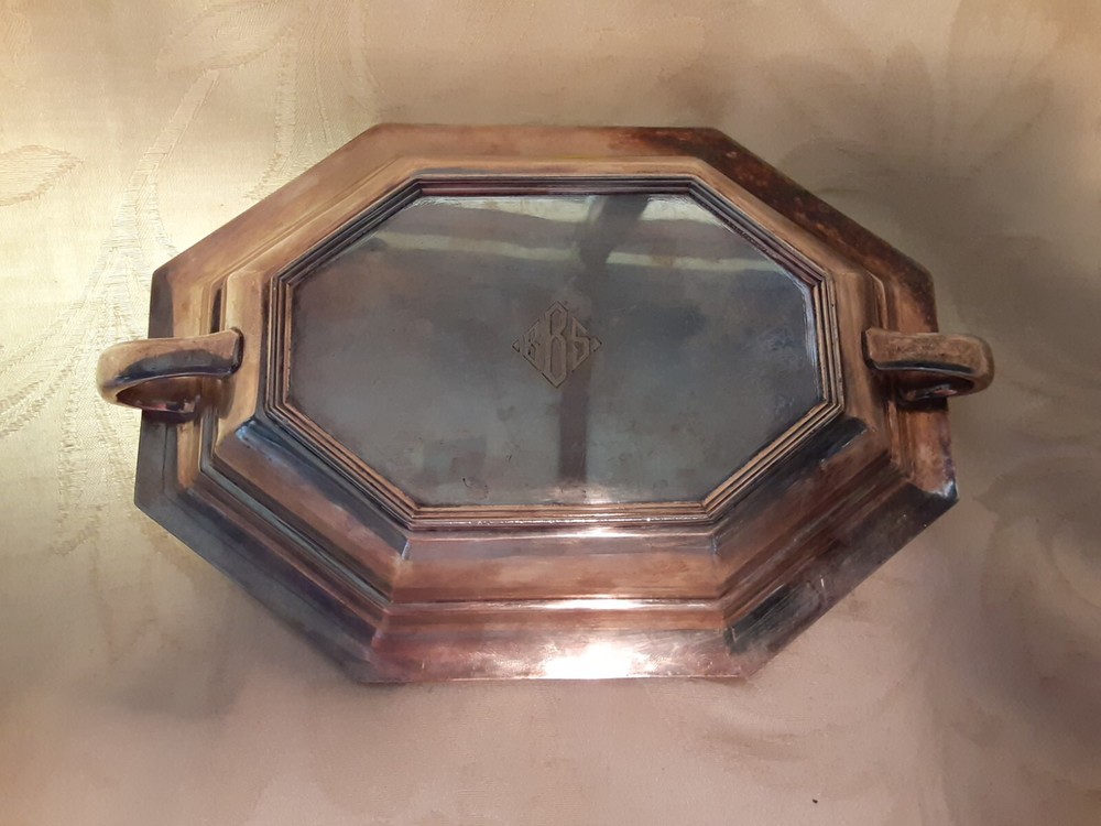 23. Octagonal dish 9”, silver plated, typical monogram  from Gorham,