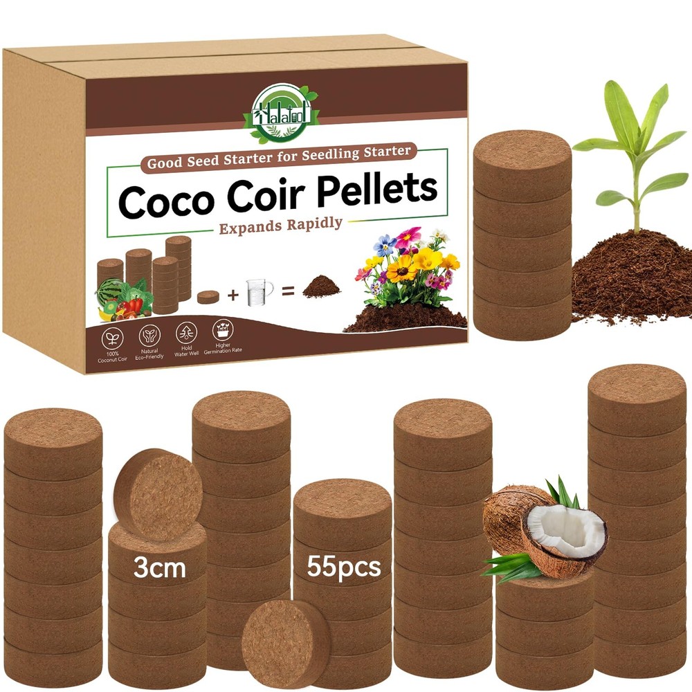 Halatool 55 Pcs Compressed Coco Coir Pellets, Seed Starter Soil Pellets for I...