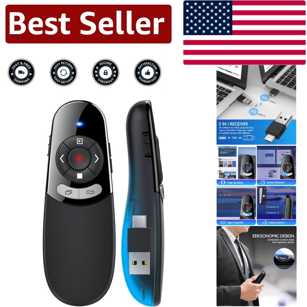 Compact Presentation Clicker with 164FT Wireless Range, USB-A & USB-C Compatible
