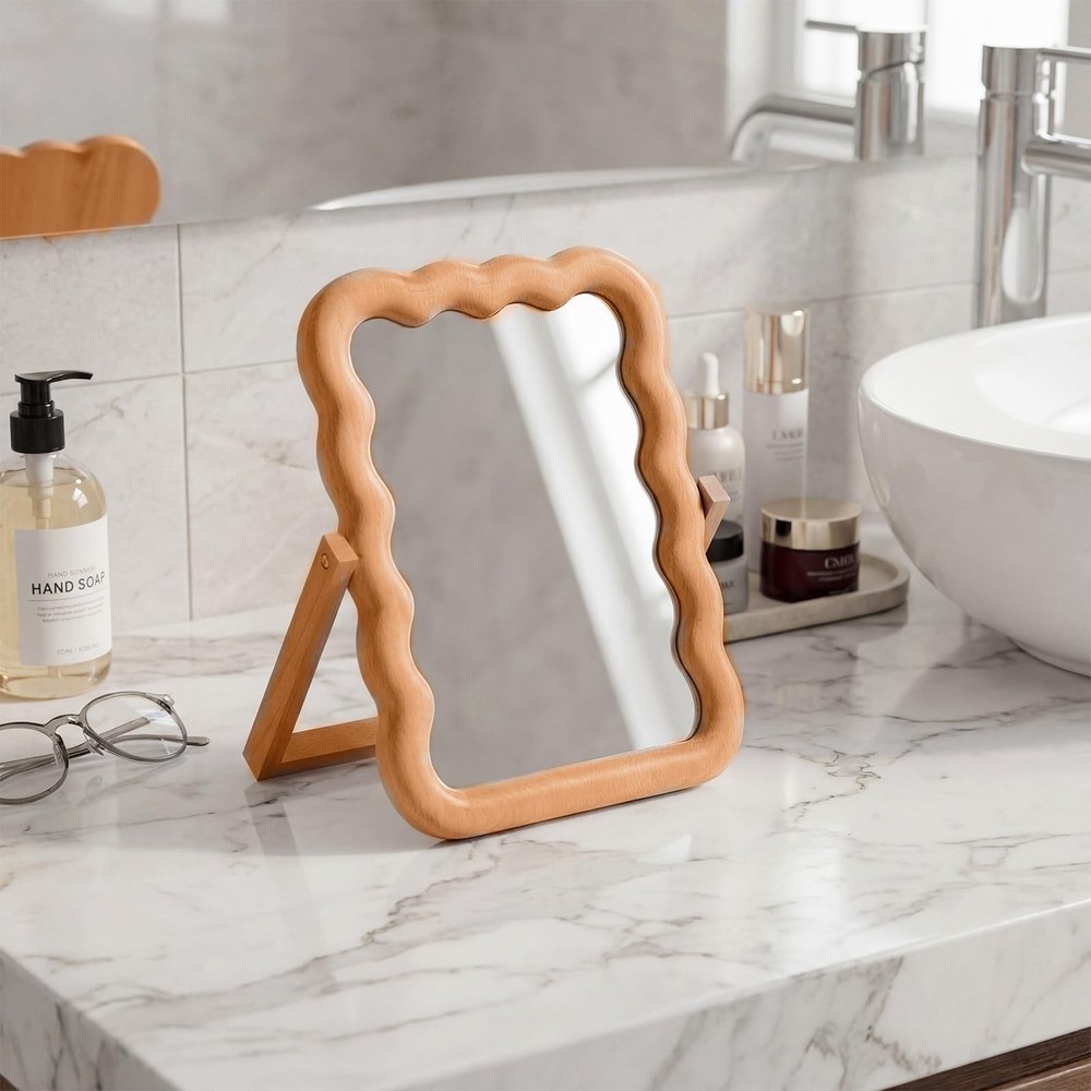 Wooden Wave Shaped Makeup Table Mirror with Stand Folding Tabletop Vanity Mir...