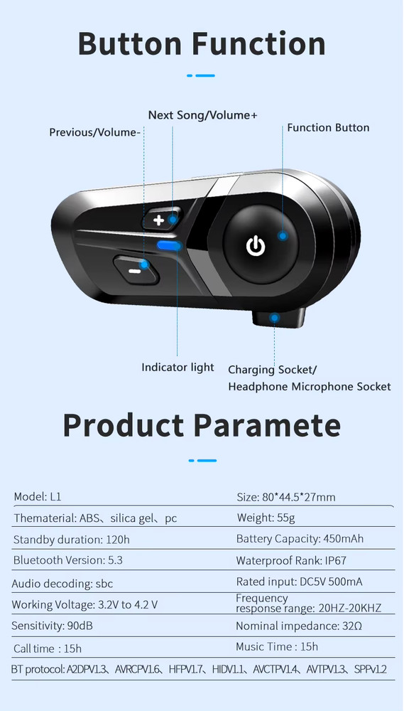 Bluetooth headset for helmet motorcycle intercom wireless waterproof speakerphone
