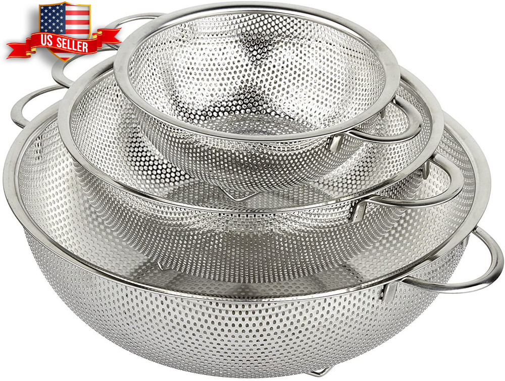 3-Piece Stainless Steel Mesh Micro Perforated Strainer Colander Set Durable