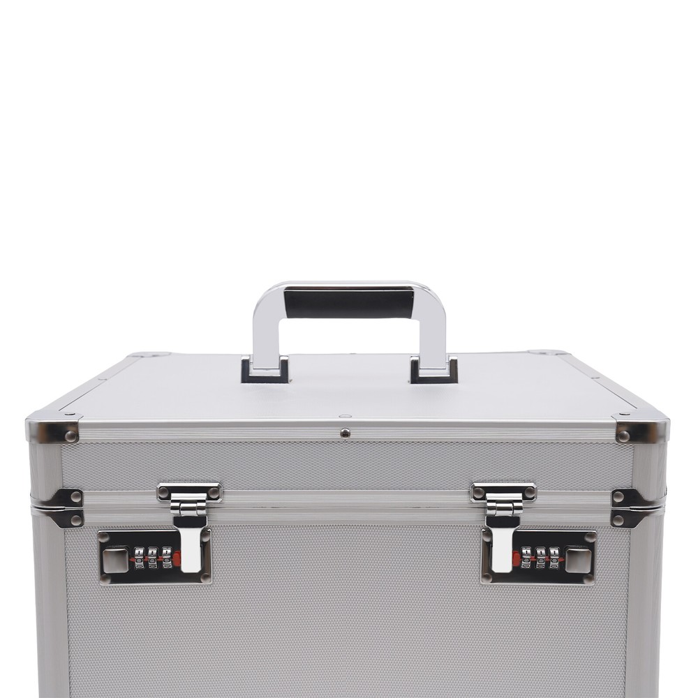 Vinyl Record Storage Box with Combination Lock for 50 Records, Silver