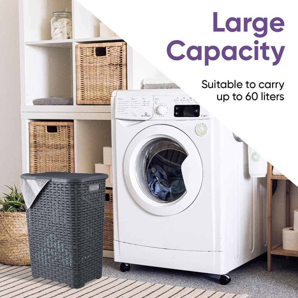 Plastic Wicker Laundry Hamper with Lid and Handles-Grey (60 Liter)