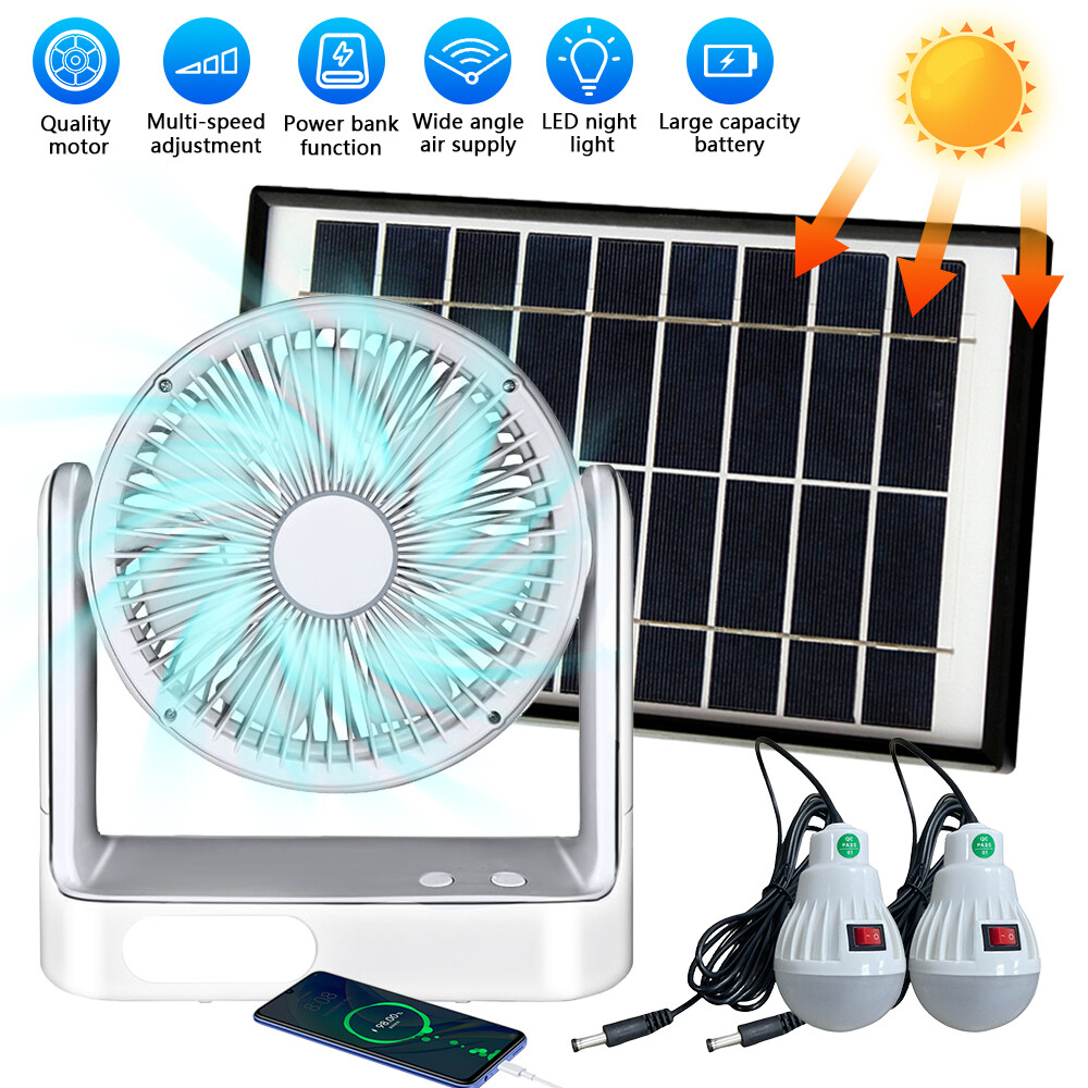 4in1 Solar Panel Powered Charging Table Fan with Light Rechargeable with 2 Bulbs