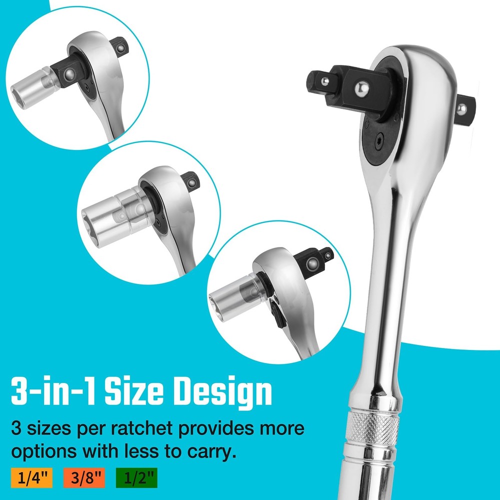 DURATECH Ratchet Set, 3-IN-1 Handle, with 2 Extension Bars, Silver