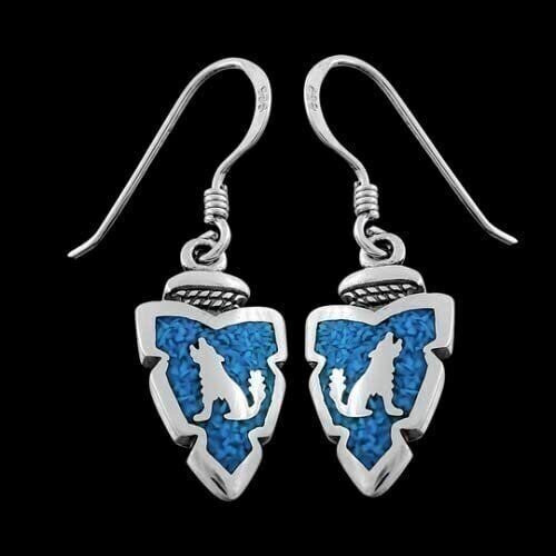 Sterling Silver and Turquoise Howling Wolf Arrowhead Dangle Earrings