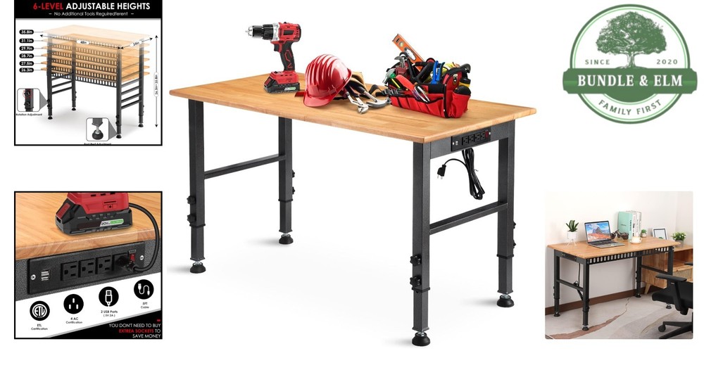 Adjustable Workbench with Power Outlet, 2000 LBS Load Capacity for Workshop