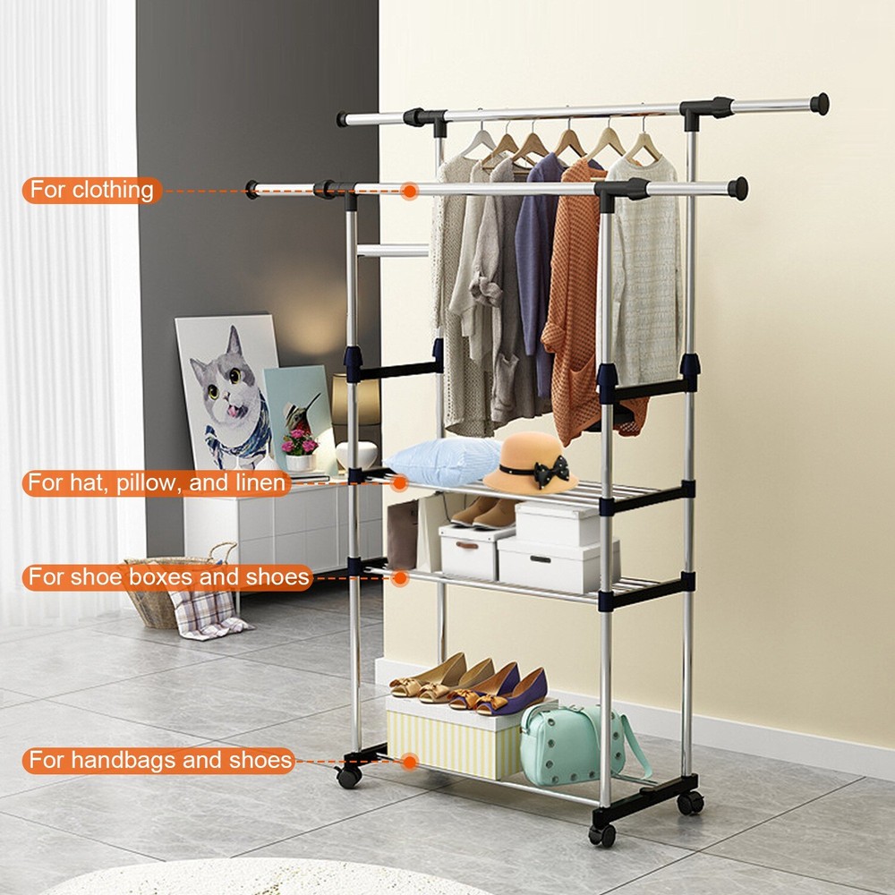 Single/Double Adjustable Clothes Hanger Rolling Garment Rack Duty Rail Organizer