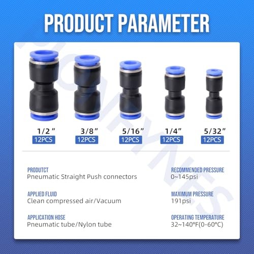60PCS Straight Push Connectors Quick Release Plastic Push to Connect Fittings