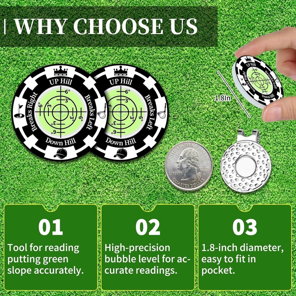 Golf Ball Marker Hat Clip 2 Pack Green Reader Bubble Level Putting Training Aid