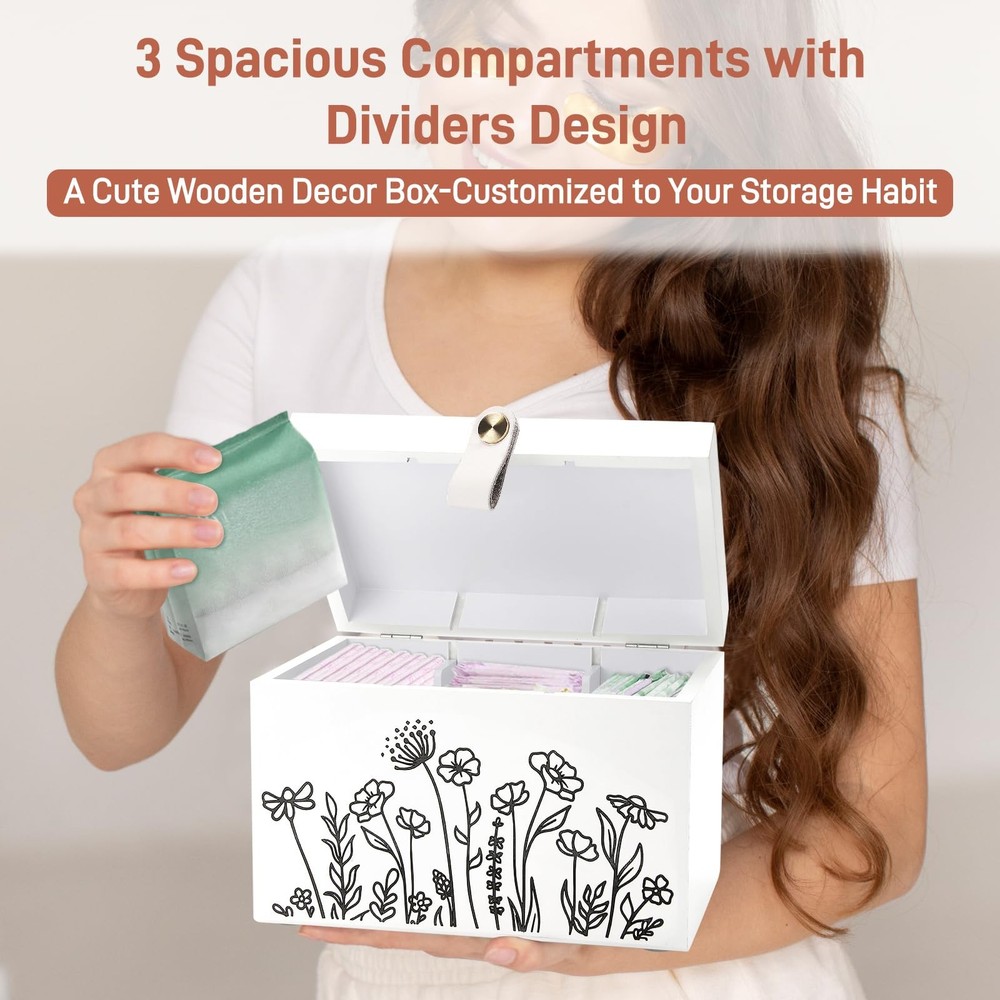 100% Solid Wood Tampon Holder Box with Lid, Copper Leather Pull, Absolute Rea...