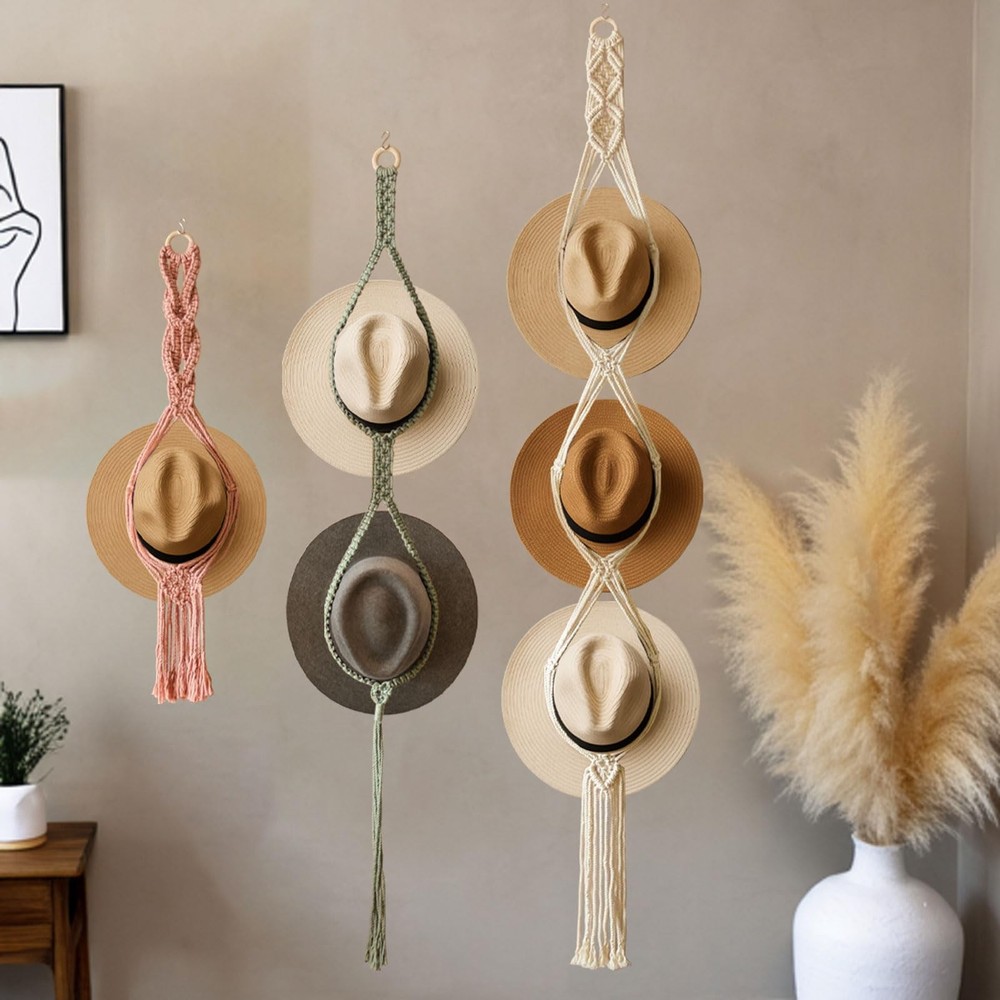 Boho Hat Organizer Rack, Macrame Hat Hanger, Handmade Hat Holder for Wall Han...