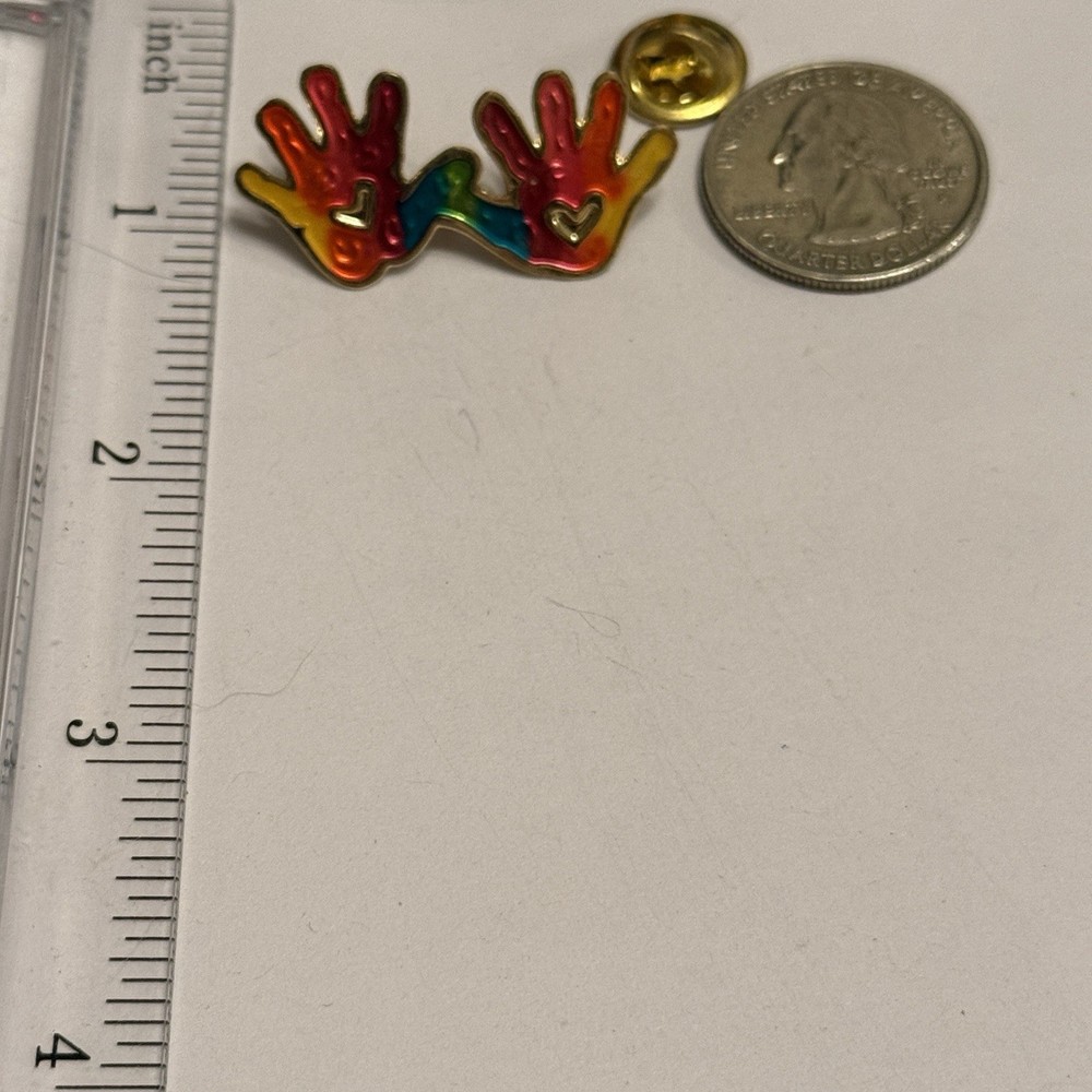 Rainbow Colored Hands Pin Hearts & Gold Tone