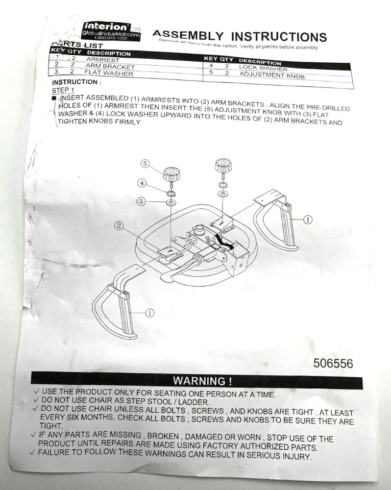 GLOBAL INDUSTRIAL INTERION LOOP ARMS BLACK 506556