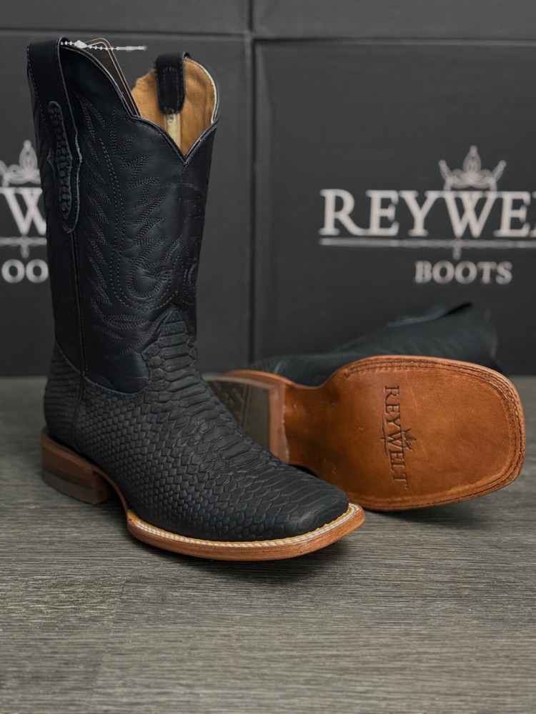 MEN'S REYWELT RODEO WESTERN VAQUERAS PYTHON PRINT BLACK MATE COWBOY BOOTS