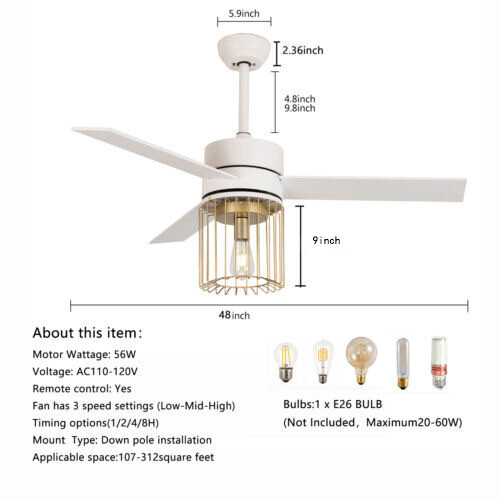48In LED Indoor White Ceiling Fan W/ Light Kit and Remote Controller Modern