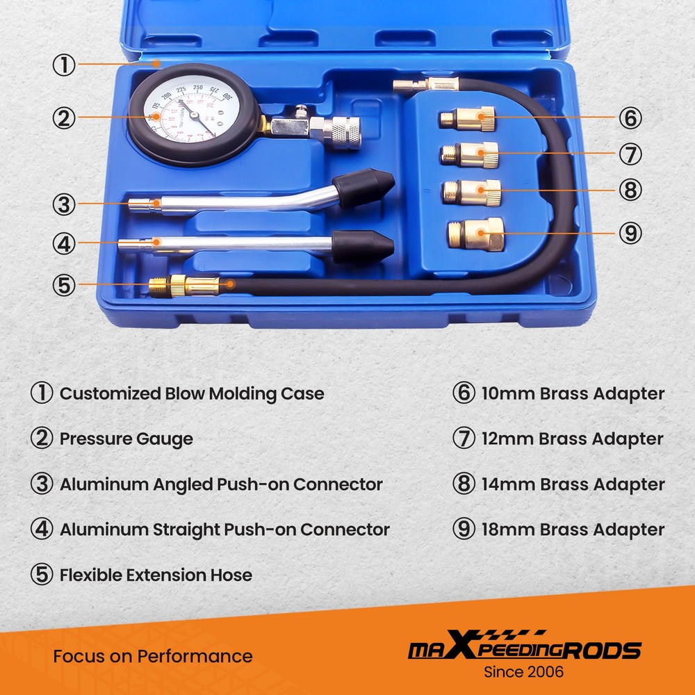 0-300 PSI Engine Cylinder Compression Pressure Tester Gauge Adaptor Tool Kit