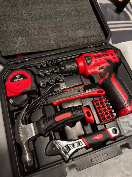 Drill Set Tool Set with 8V Red Cordless Drill, Home Tool Kit with Drill,